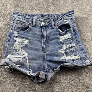 American Eagle Jean Shorts Womens 4 Blue Stretch Mom Short Distressed Mid‎ Rise